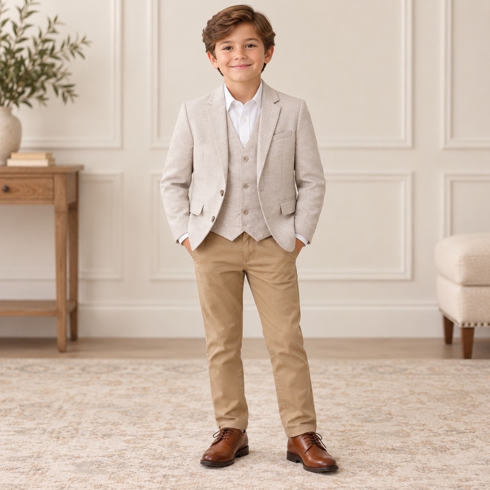 H&M Blazer Vest Suit Set Boys 8-9Y Beige Linen Blend Formal Wedding